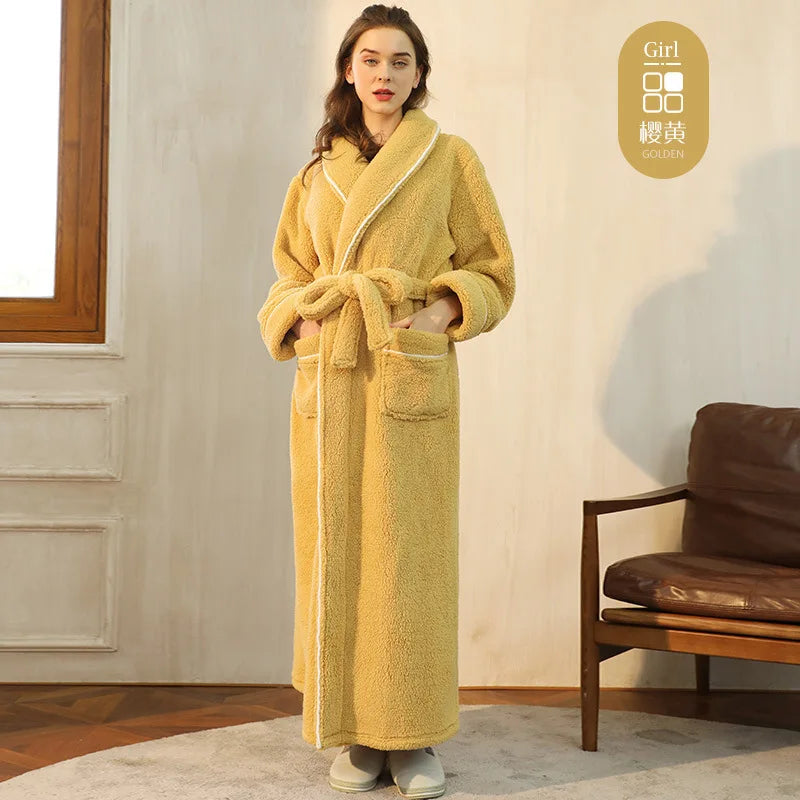 Women's Plush Double-Sided Cotton Fleece Bathrobe Cozy Shawl Collar Robe with Belt Soft Loungewear for Winter Stylish Plush Robe