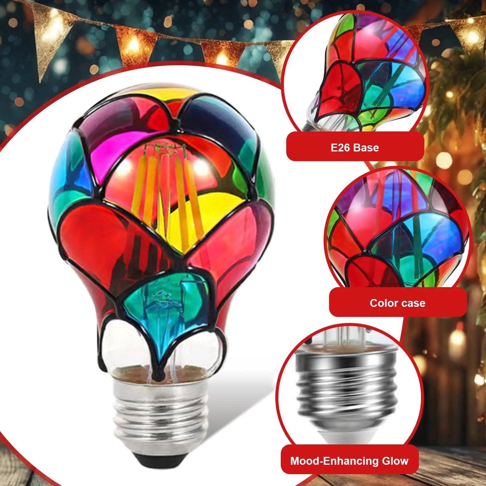 Stained Glass Bulb E26 Base Bulb 6W Lamp for Indoor Home Room Garden Balcony Restaurant Shop Bar Night Christmas Party