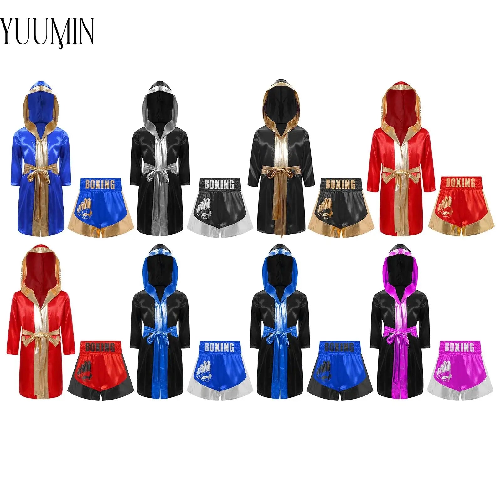 Kids Boxing Robe Outfits Cosplay Costume Metallic Trim Satin Belted Robe Kickboxing Hooded Cloak with Shorts for Halloween Party