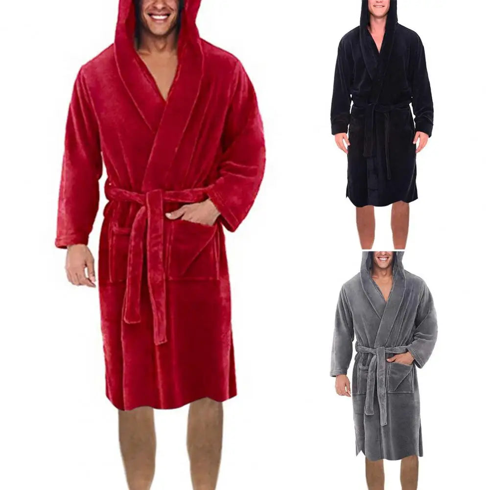 Oversize Men Bathrobe Long Sleeve Fleece Nightgown Winter Warm Hooded Long Robe Pajamas Fleece Gown Plush Bath Robe Sleepwear