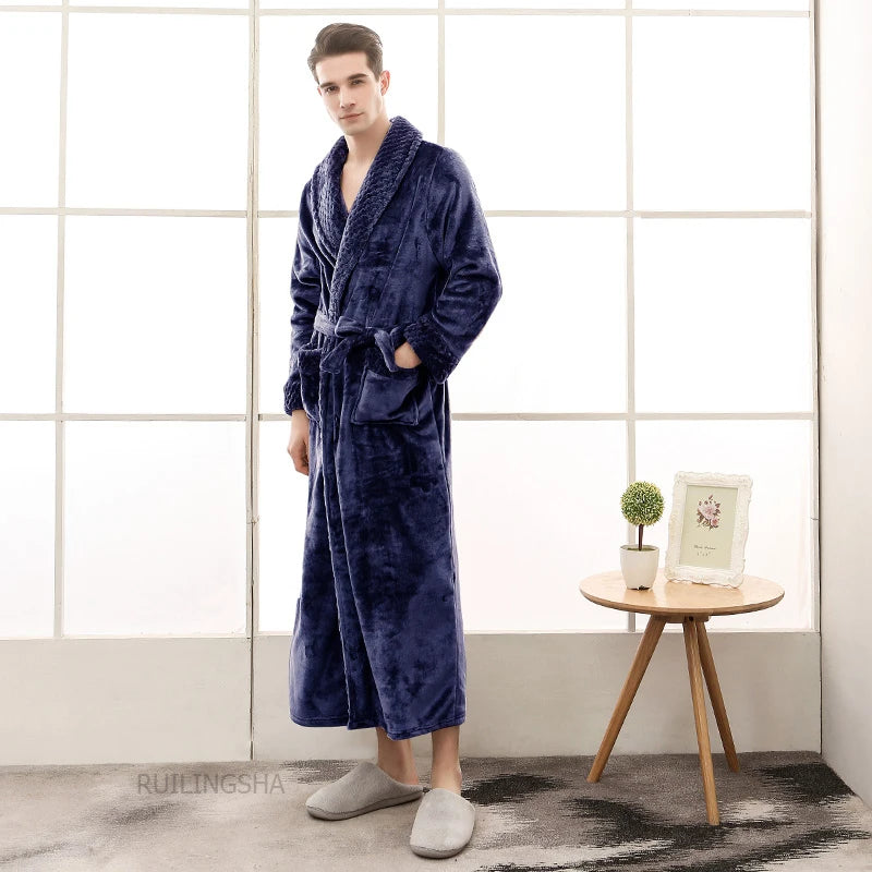 Night Dress Women Bathrobe Flannel Robe Women's Winter Lengthened Coralline Plush Shawl Bathrobe Long Sleeved Warm Bath Robe Men