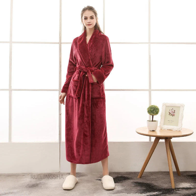 Night Dress Women Bathrobe Flannel Robe Women's Winter Lengthened Coralline Plush Shawl Bathrobe Long Sleeved Warm Bath Robe Men