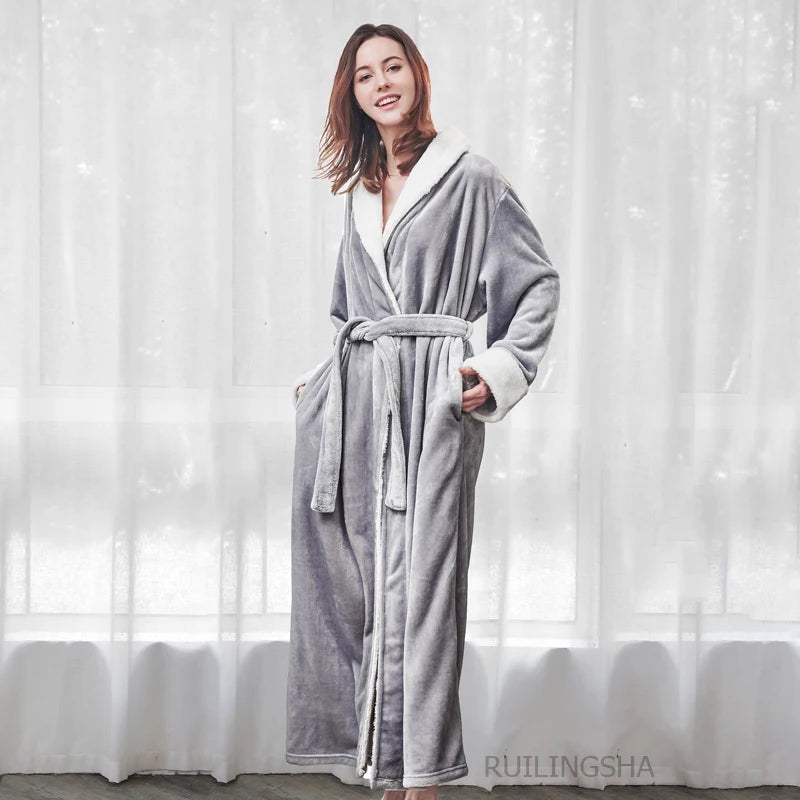 Night Dress Women Bathrobe Flannel Robe Women's Winter Lengthened Coralline Plush Shawl Bathrobe Long Sleeved Warm Bath Robe Men