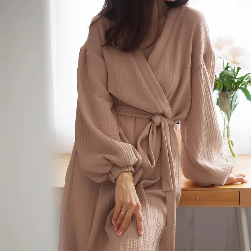Women's Muslin 100% Cotton Gauze Long Bathrobes Pajamas Long Sleeve Casual Loose Breathable Solid Bandage Maxi Sleepwear Robes