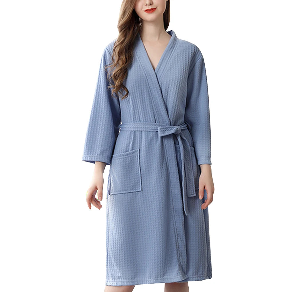 Women Water Absorption Bath Robe Solid Waffle Bathrobe Spa Home Dress Nightgown