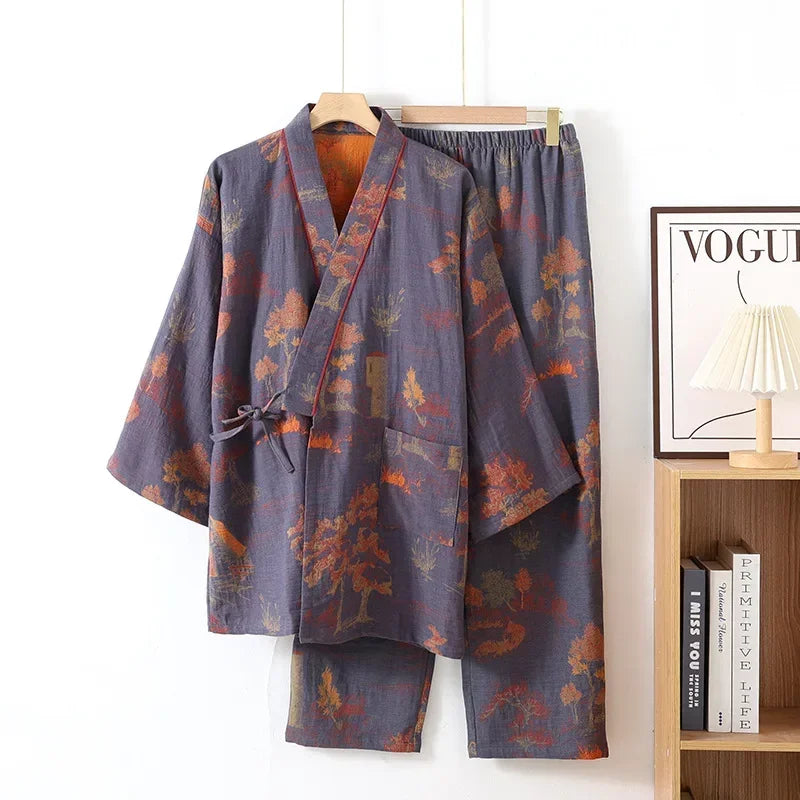 Roomwear Cotton Kimono Pajamas Robes for Spring Jacquard Printed Home Men's Clothing Medium Length Oversized Breathable Bathrobe