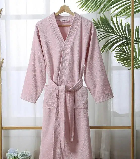 Women Towel Bathrobe 100%Cotton Long Thick Absorbent Terry Bath Robe Kimono Men LightWeight Waffle Solid Dressing Gown Sleepwear