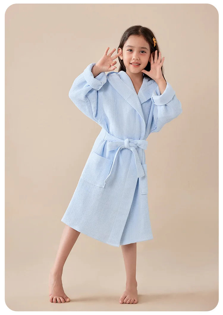 children's 100% Cotton Hooded Bathrobe Bear Solid Waffle Robes Kids Sleepwear with Belted Thick Soft Bath Robes for Girls Boys