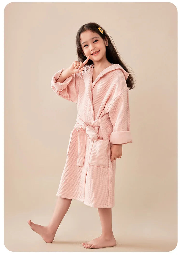 children's 100% Cotton Hooded Bathrobe Bear Solid Waffle Robes Kids Sleepwear with Belted Thick Soft Bath Robes for Girls Boys