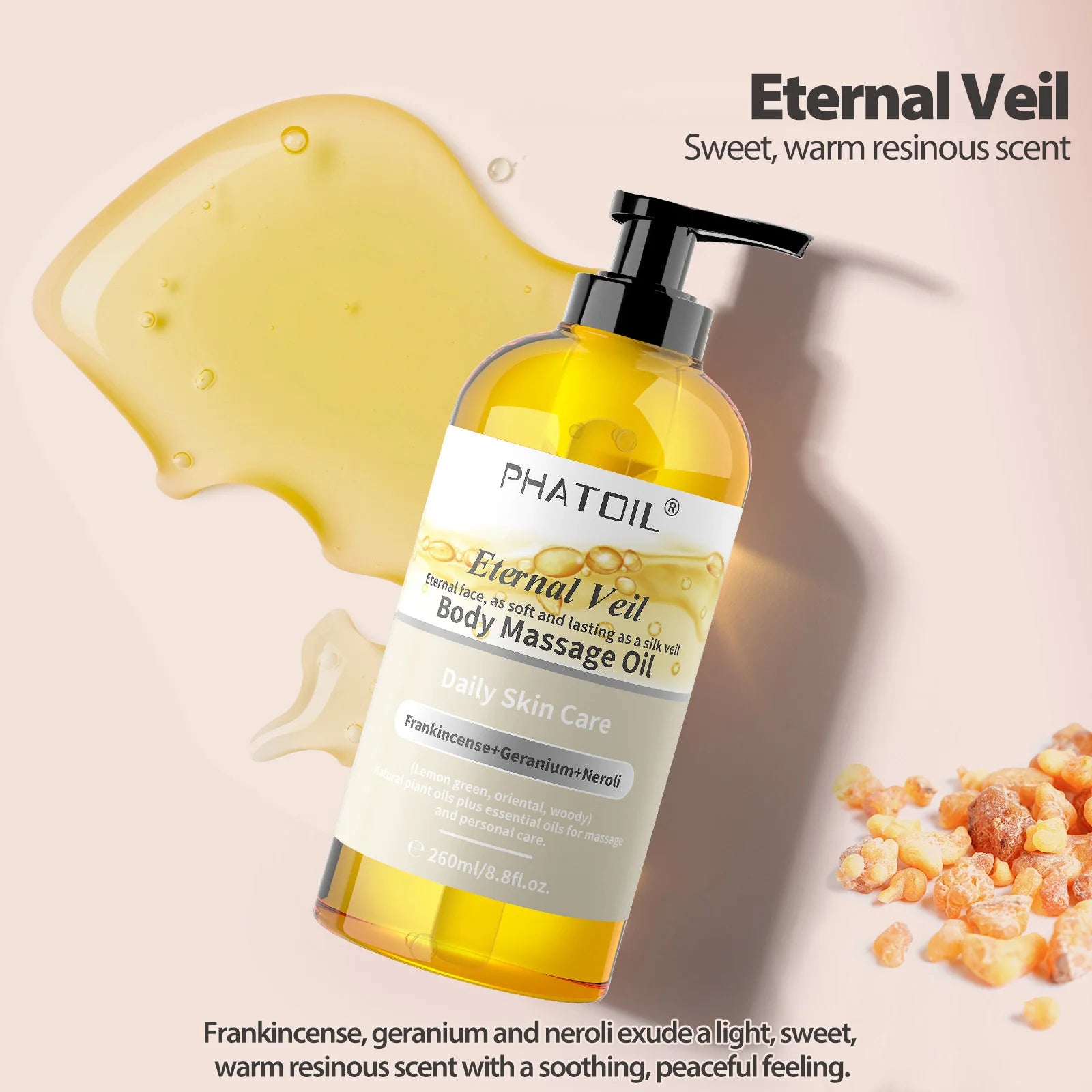 PHATOIL 260ml Body Oil-Deeply Moisturizing & Soothing Massage Oil with Long-Lasting Fragrance Vanilla Ginger Rosemary Body Oils