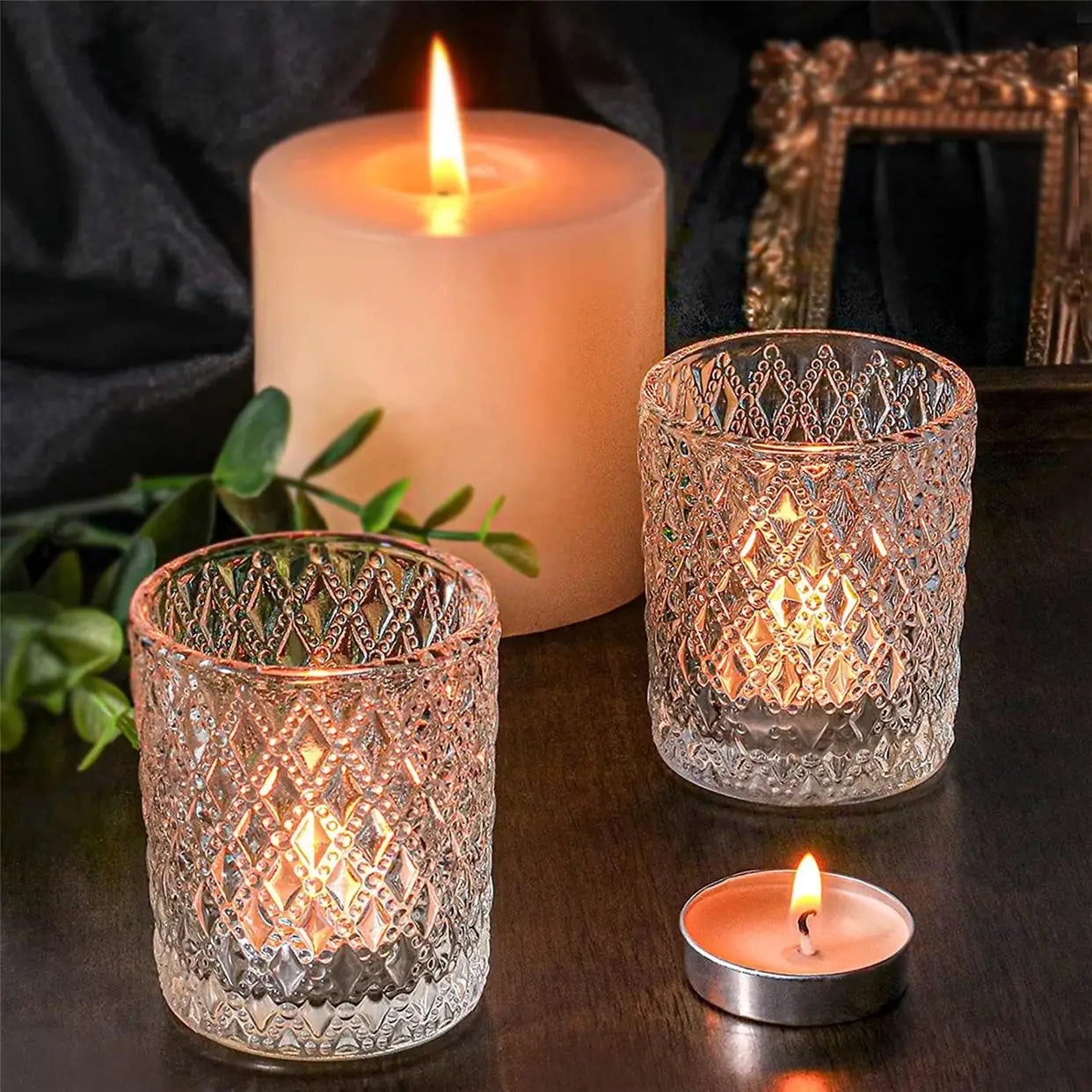 Home Decor Pink Candle Holders Vintage Glass Tealight Candle Holder with Gold Rim Votives for Valentines Wedding Decoration