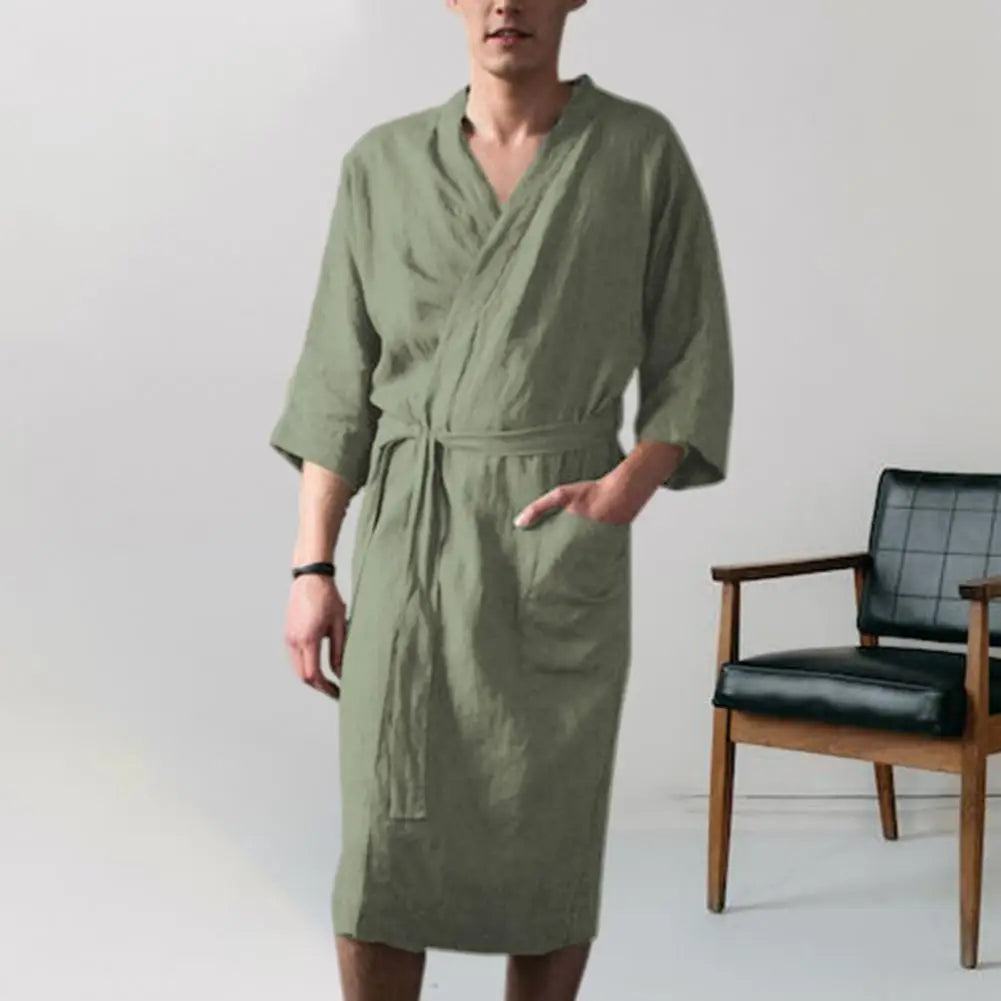 Men'S Nightgown Cotton And Linen Robes New Spring And Summer Autumn Japanese Kimono Nightgown Homewear Bath Steamed Clothes