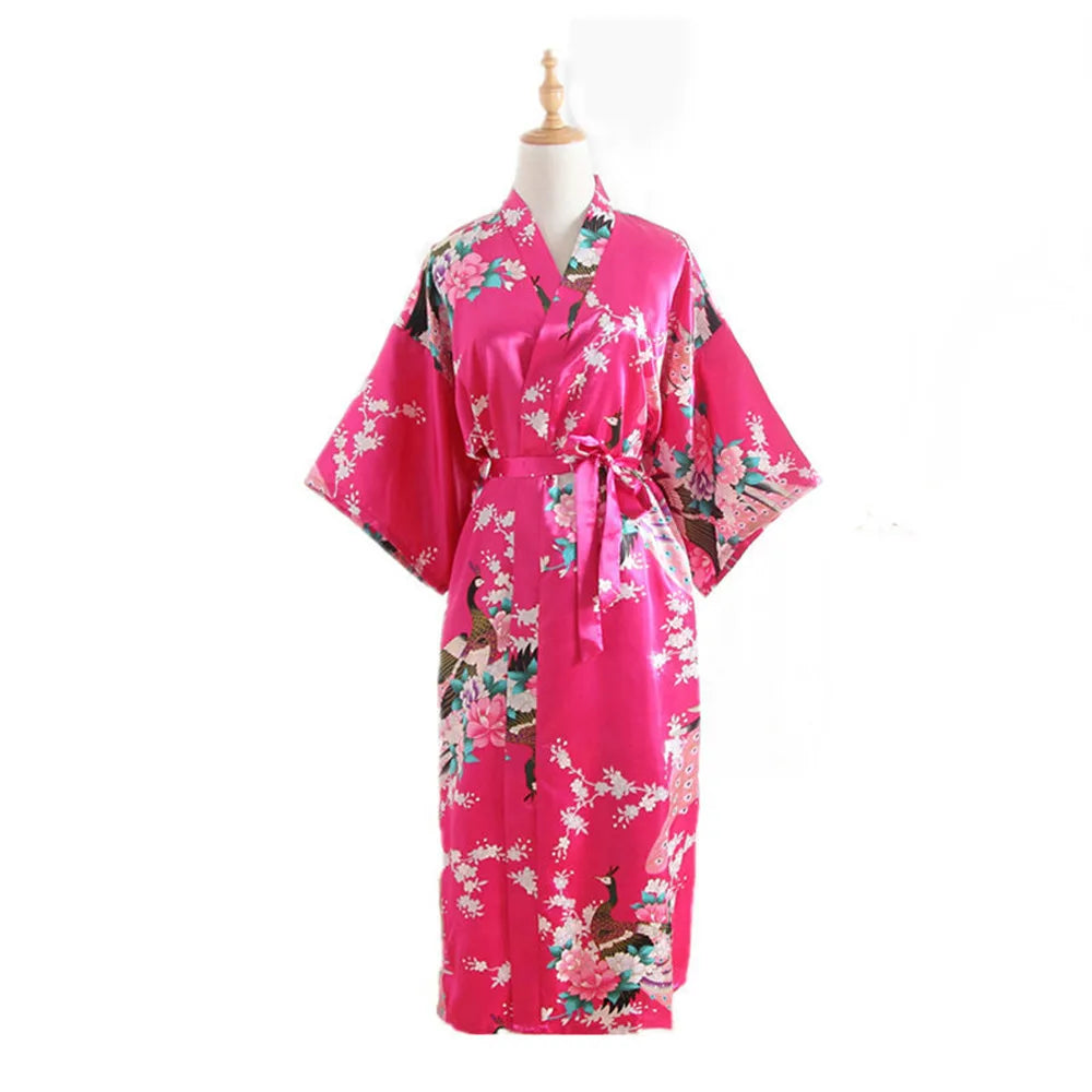 Women Long Robe Print Flower Peacock Kimono Bathrobe Gown Bride Bridesmaid Wedding Robes Sexy Sleepwear