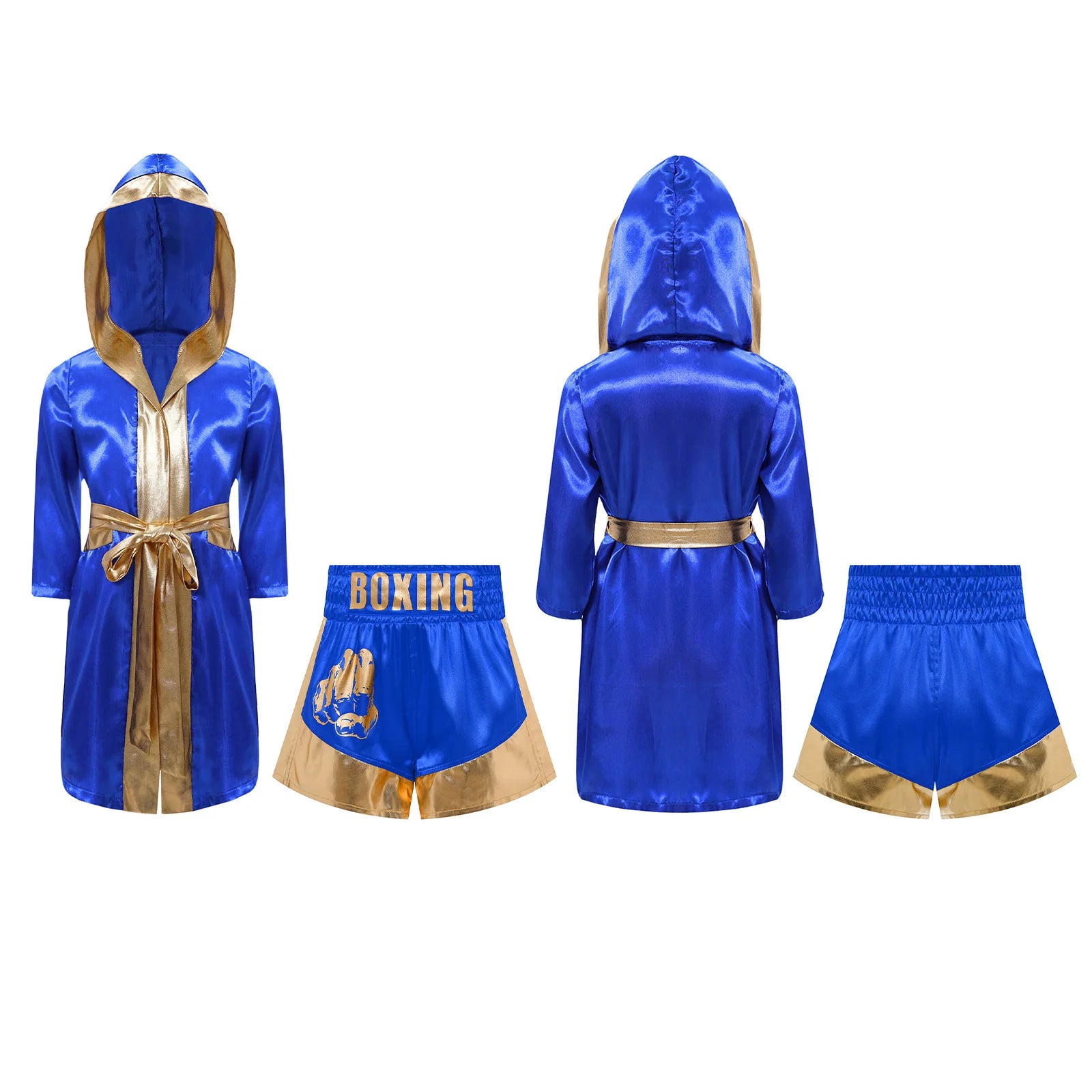 Kids Boxing Robe Outfits Cosplay Costume Metallic Trim Satin Belted Robe Kickboxing Hooded Cloak with Shorts for Halloween Party