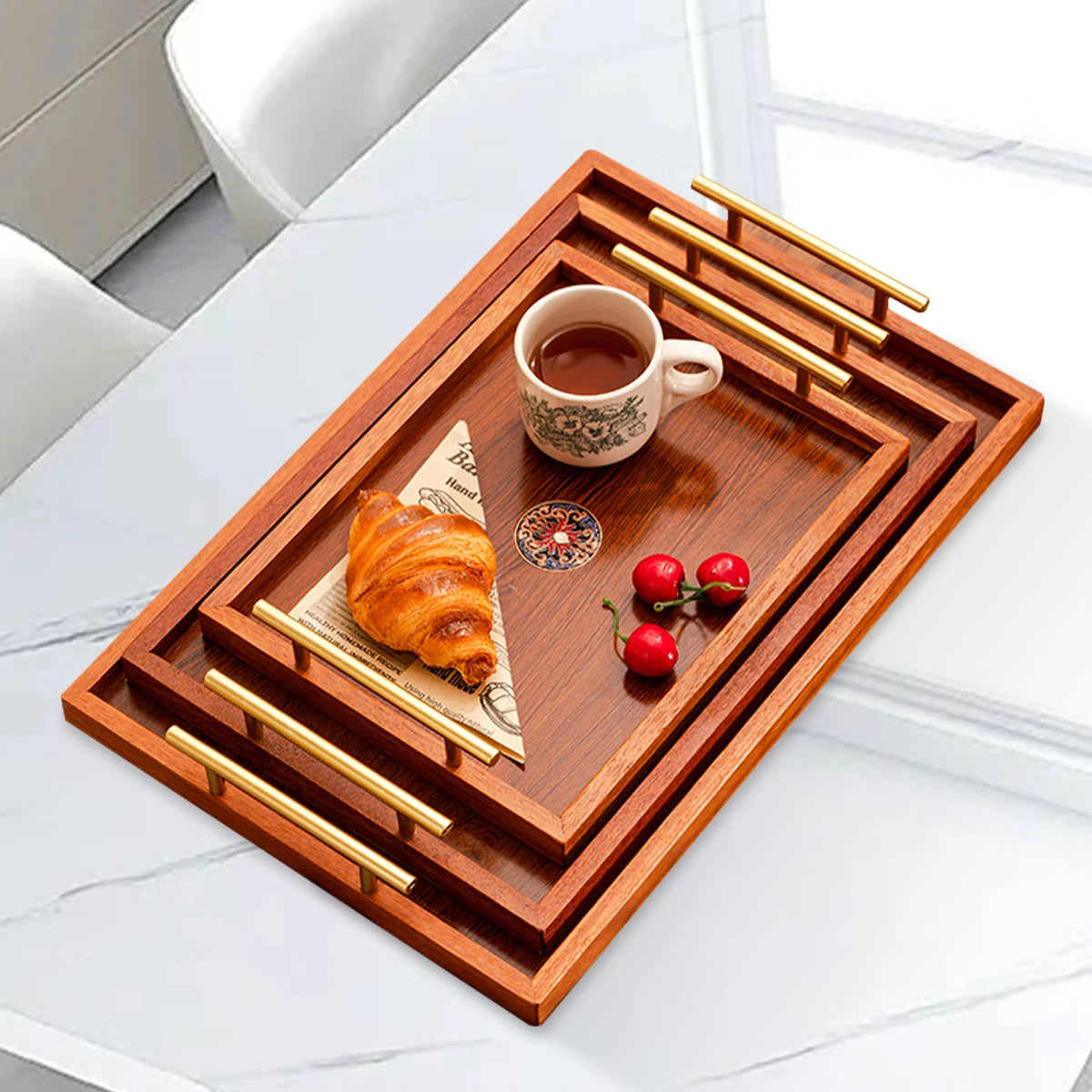 Wooden Serving Tray Set of 3 with Metal Handles - Multi-functional Breakfast, Party & Storage Platters (Brown)