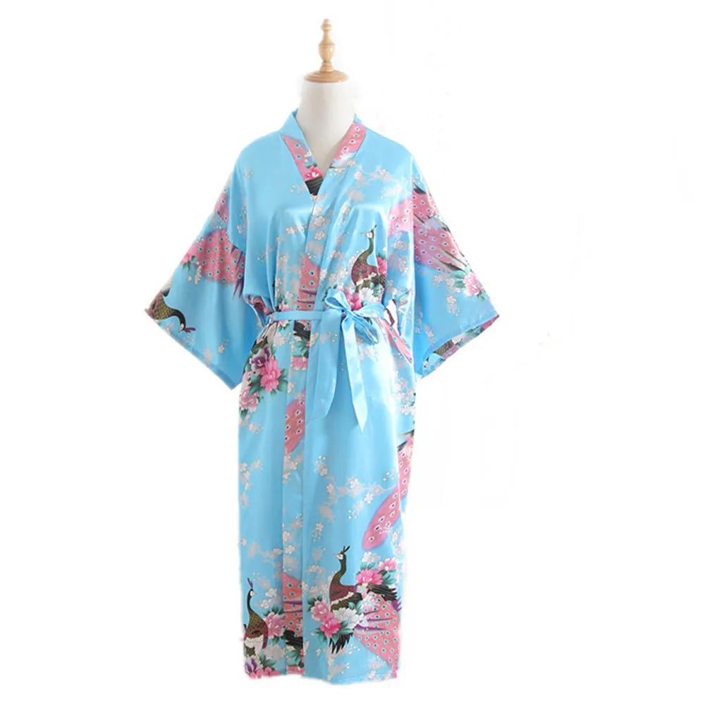 Women Long Robe Print Flower Peacock Kimono Bathrobe Gown Bride Bridesmaid Wedding Robes Sexy Sleepwear