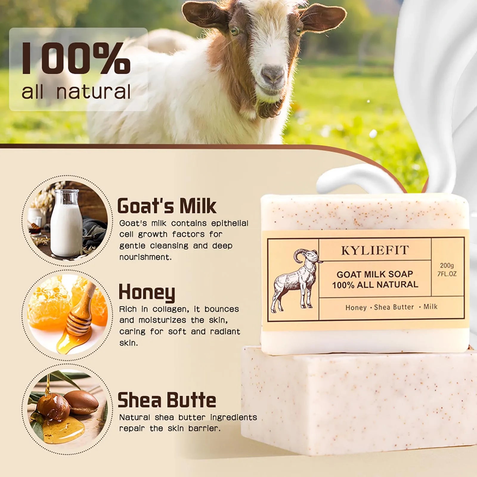 Organic Goat Milk Soap Bar, Natural, Whitening, Cleaning, Whiten, Nourishing, With Honey, Shea Butter, Milk, For All Skin Types