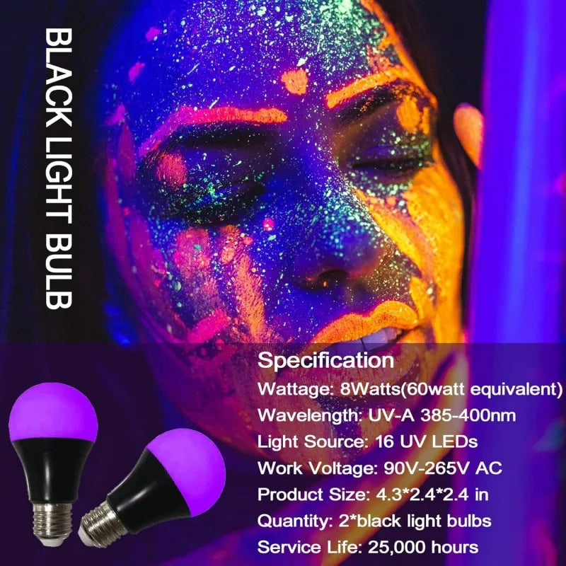 Black Light Bulbs 9W LED UV Blacklight 395-400nm for Blacklight Glow in The Dark Body Paint Fluorescent Poster Neon Glow Lamp