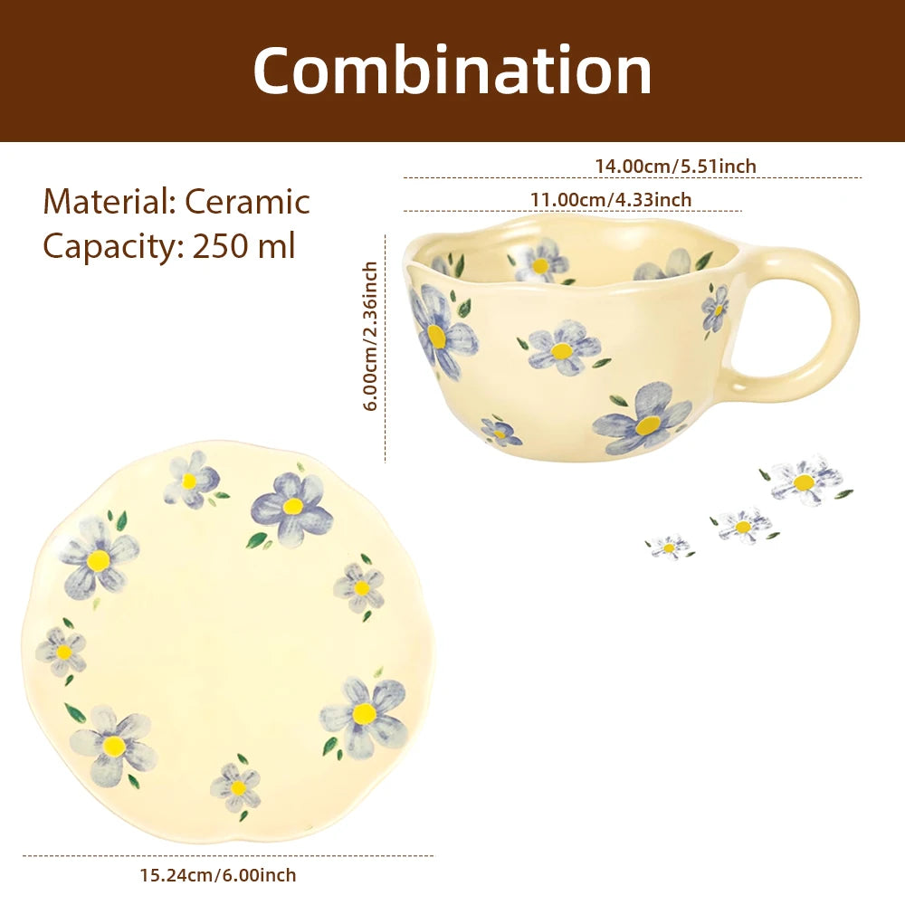 Ceramic Mugs Coffee Cups Hand Pinched Irregular Flower Milk Tea Cup with Plate Ins Style Drinkware Breakfast Mug Kitchen