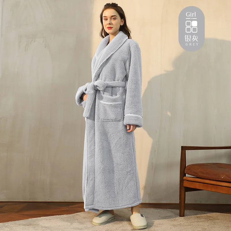 Women's Plush Double-Sided Cotton Fleece Bathrobe Cozy Shawl Collar Robe with Belt Soft Loungewear for Winter Stylish Plush Robe