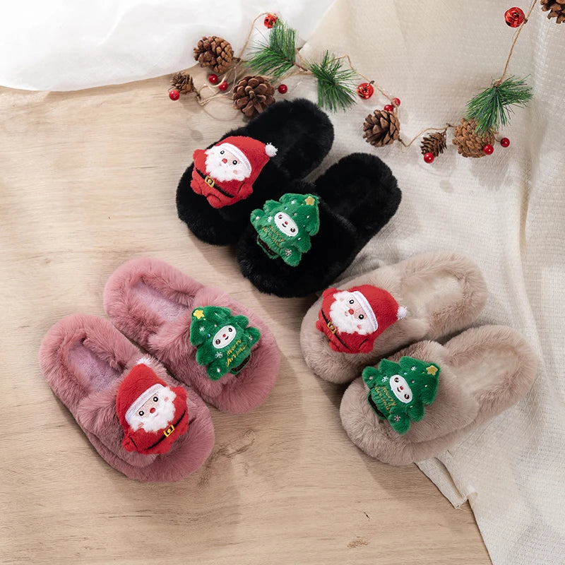 2025 Winter New Kids Warm Slippers Santa Claus Cute Children Cross Plush Shoes Christmas Gift Girls Casual Shoes Soft Bottom
