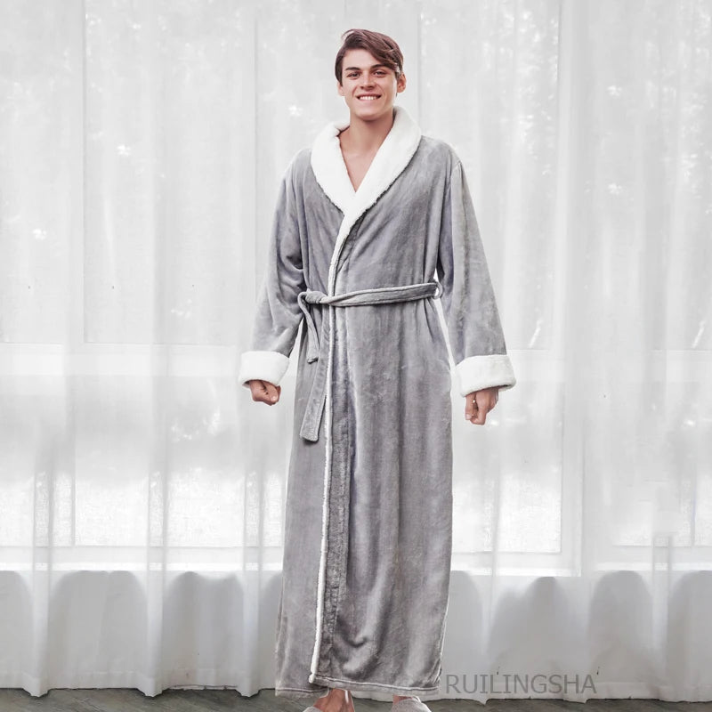 Night Dress Women Bathrobe Flannel Robe Women's Winter Lengthened Coralline Plush Shawl Bathrobe Long Sleeved Warm Bath Robe Men