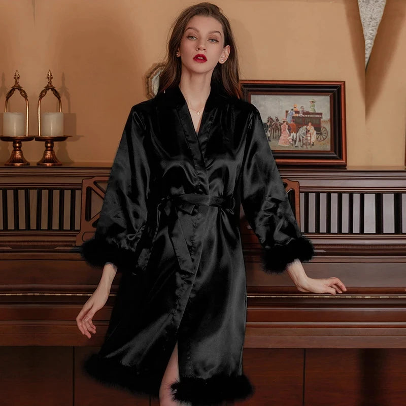 Women Feather Robe With Fur Sleepwear Bride Morning Satin Robes Nightgown Dress Elegant Wedding Bridesmaid Robe Gown Bathrobe