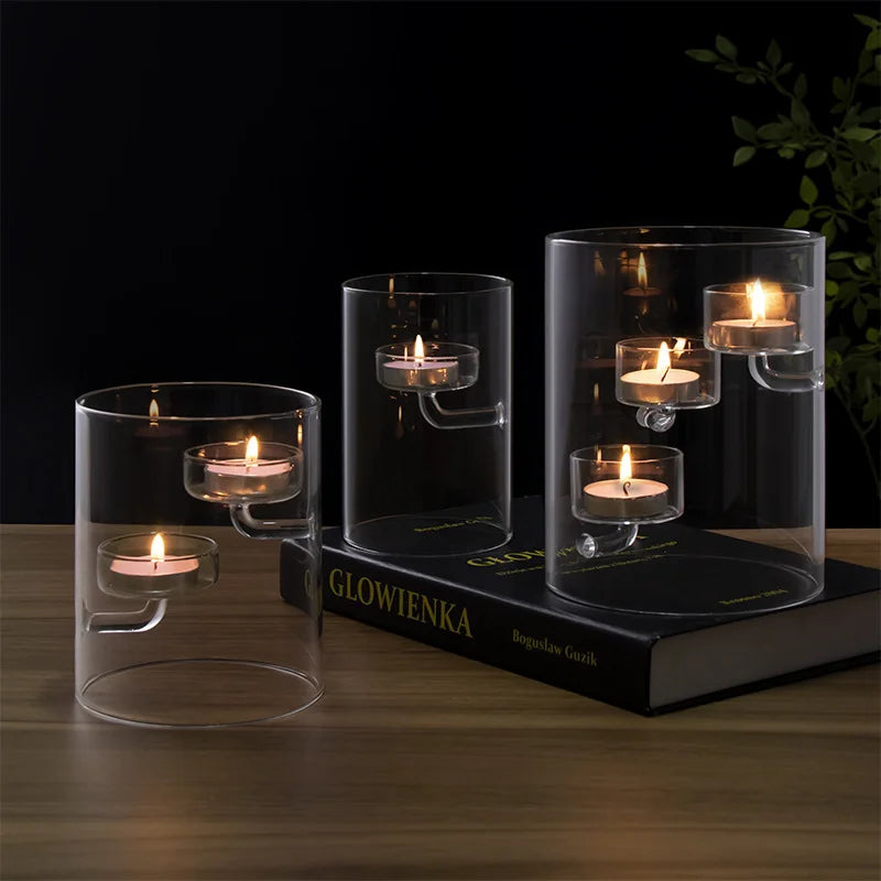 Glass Candle Holder Cylinder Hurricane Candleholder Artistic Tealight Containers for Wedding Party Desktop Room Home Decorations