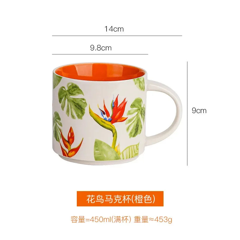 Floral Glaze Ceramic Mug 450ml Flower Bird Coffee Tea Cup Household Large Capacity Breakfast Mugs Business Gift Mugs Coffee Cups