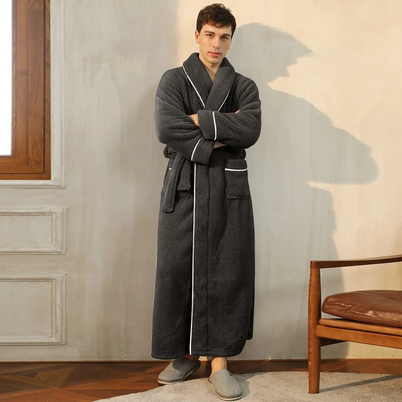 Men Plush Long Fleece Bathrobe Soft Terry Cloth Robe with Belt Multi-Color Cozy Loungewear for Unisex Warm Winter Sleep Robe
