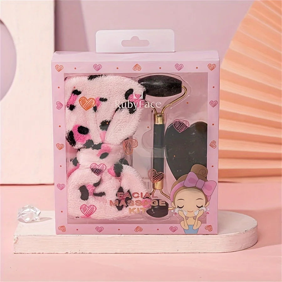 3 Pieces Beauty Tools Set with Gift Box Jade Roller Spa Headband and Gua Sha Board Girls Beauty Gift