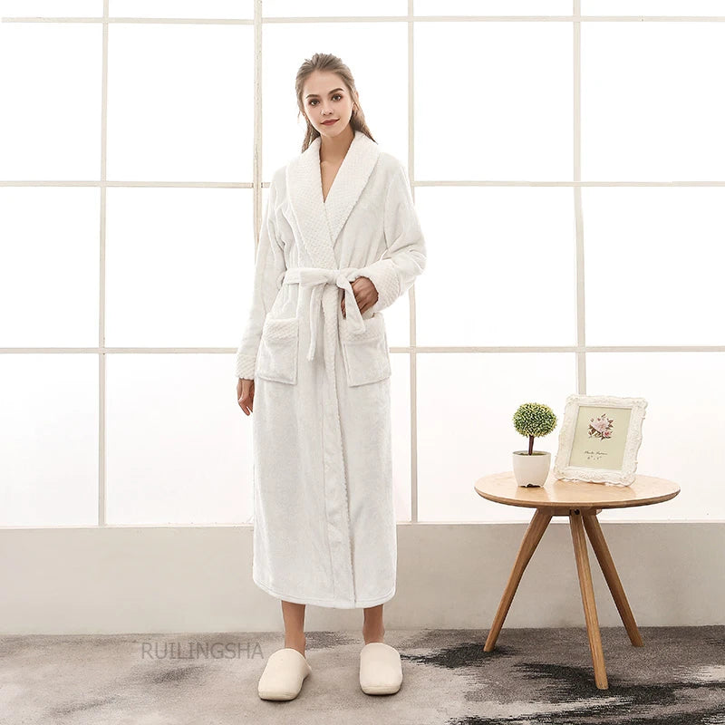 Night Dress Women Bathrobe Flannel Robe Women's Winter Lengthened Coralline Plush Shawl Bathrobe Long Sleeved Warm Bath Robe Men