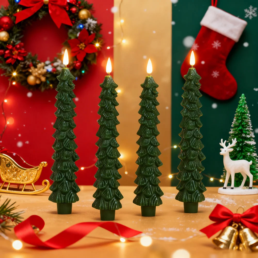 4pcs Christmas Tree LED Flameless Taper Candles, Flickering Christmas LED Taper Candles Light Battery Operated