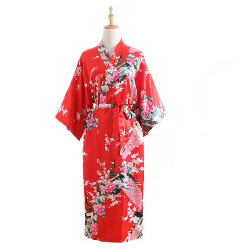 Women Long Robe Print Flower Peacock Kimono Bathrobe Gown Bride Bridesmaid Wedding Robes Sexy Sleepwear
