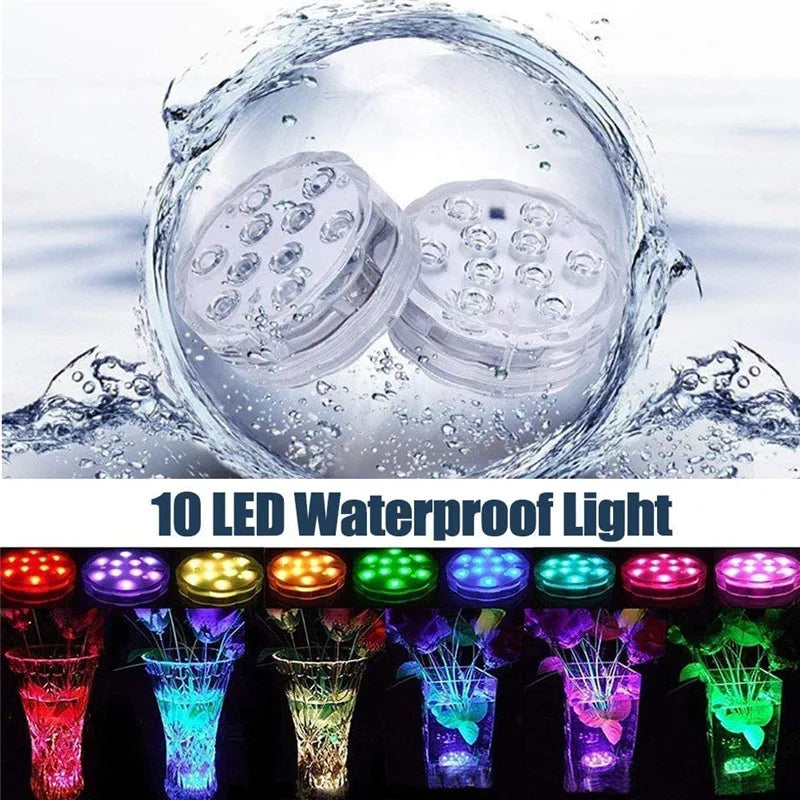 10leds RGB Led Submersible Light Underwater Night Lamp Battery Operated Garden Swimming Pool Light for Wedding Party Vase Bowl