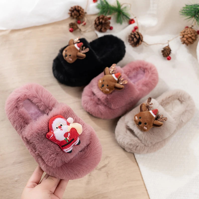 Kids Plush Slippers Sweet Christmas Gift Children Warm Shoes Korean Style 2025 Winter New Girls Fashion Casual Slipper Soft Sole