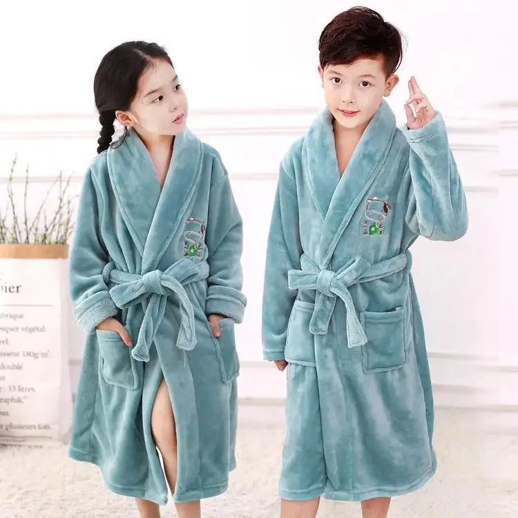 Winter Thicken Bathrobes for Kids Girls Flannel Warm Nightgown Teens Boys Bathing Robe Solid Color Night Robe Baby Dressing Gown