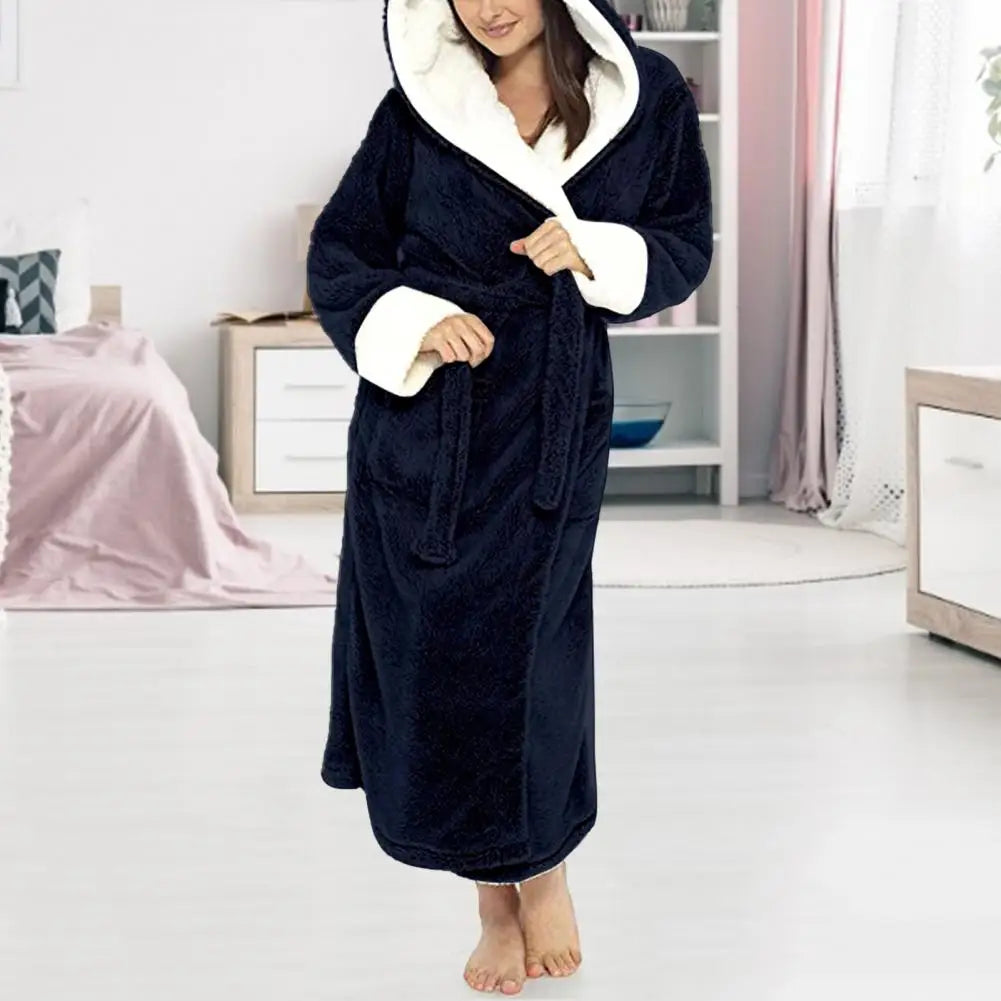 Women Bathrobe Plush Thicken Hooded Nightgown Autumn And Winter Warm And Comfortable Long-sleeved Robe Homewear Home Bath Robe