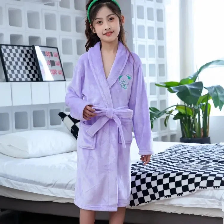 Winter Thicken Bathrobes for Kids Girls Flannel Warm Nightgown Teens Boys Bathing Robe Solid Color Night Robe Baby Dressing Gown