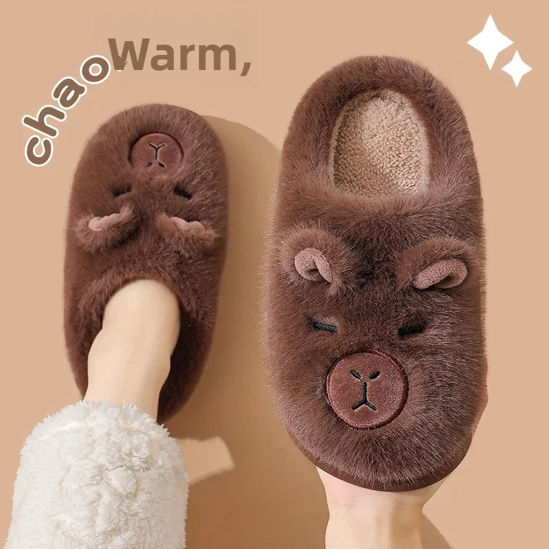 Winter Home Slippers for Couples Warm Plush Neutral Cartoon Cow Indoor Anti Slip Comfortable Cotton Slippers for Men and Women