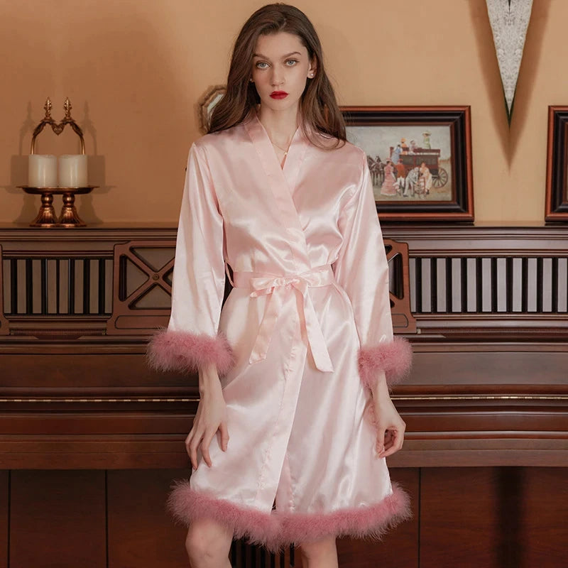 Women Feather Robe With Fur Sleepwear Bride Morning Satin Robes Nightgown Dress Elegant Wedding Bridesmaid Robe Gown Bathrobe