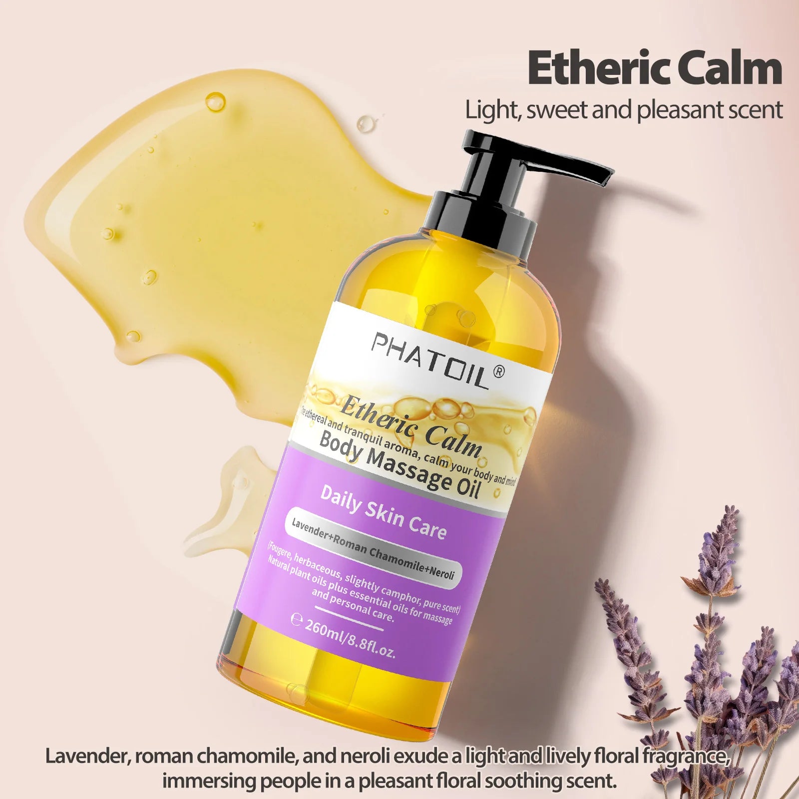 PHATOIL 260ml Body Oil-Deeply Moisturizing & Soothing Massage Oil with Long-Lasting Fragrance Vanilla Ginger Rosemary Body Oils