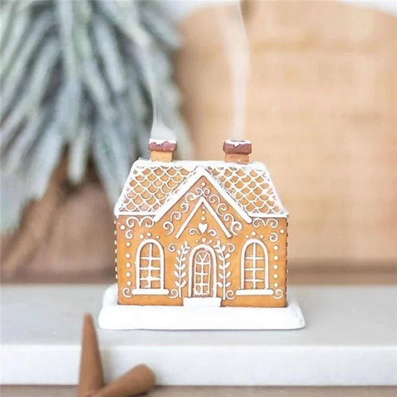 A19F-1PCS Gingerbread House Incense Burner, Resin Log Cabin Incense Burner, Christmas Incense Burner,Home Chimney Decorations Du