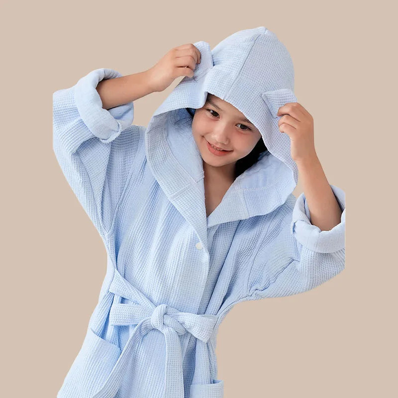 children's 100% Cotton Hooded Bathrobe Bear Solid Waffle Robes Kids Sleepwear with Belted Thick Soft Bath Robes for Girls Boys