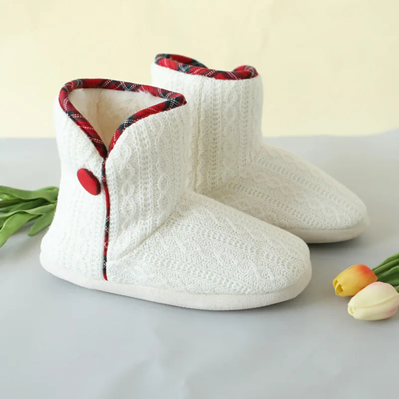 Winter Boots Slippers Women Knitted Ankle Boots Slippers Warm House Cotton Shoes Outdoor Indoor Plush Lining Boots