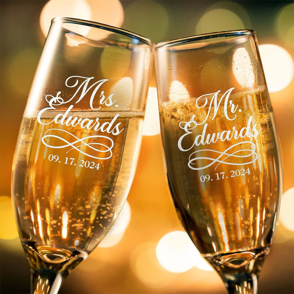Champagne Flutes Personalized,Wedding Champagne Flutes, Engraved Custom Wedding Toasting Glasses,Bride & Groom Champagne Glasses