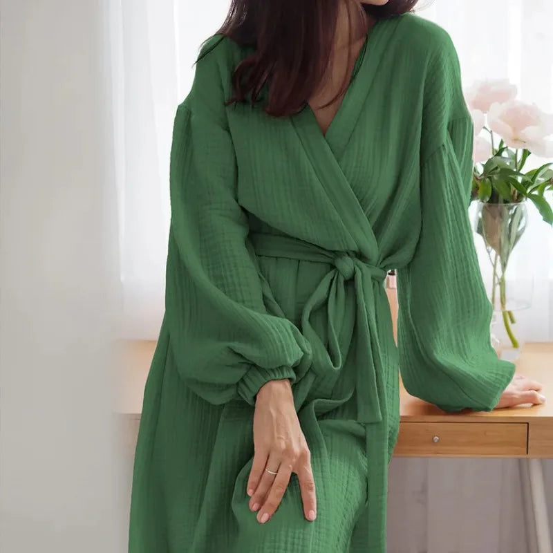 Women's Muslin 100% Cotton Gauze Long Bathrobes Pajamas Long Sleeve Casual Loose Breathable Solid Bandage Maxi Sleepwear Robes
