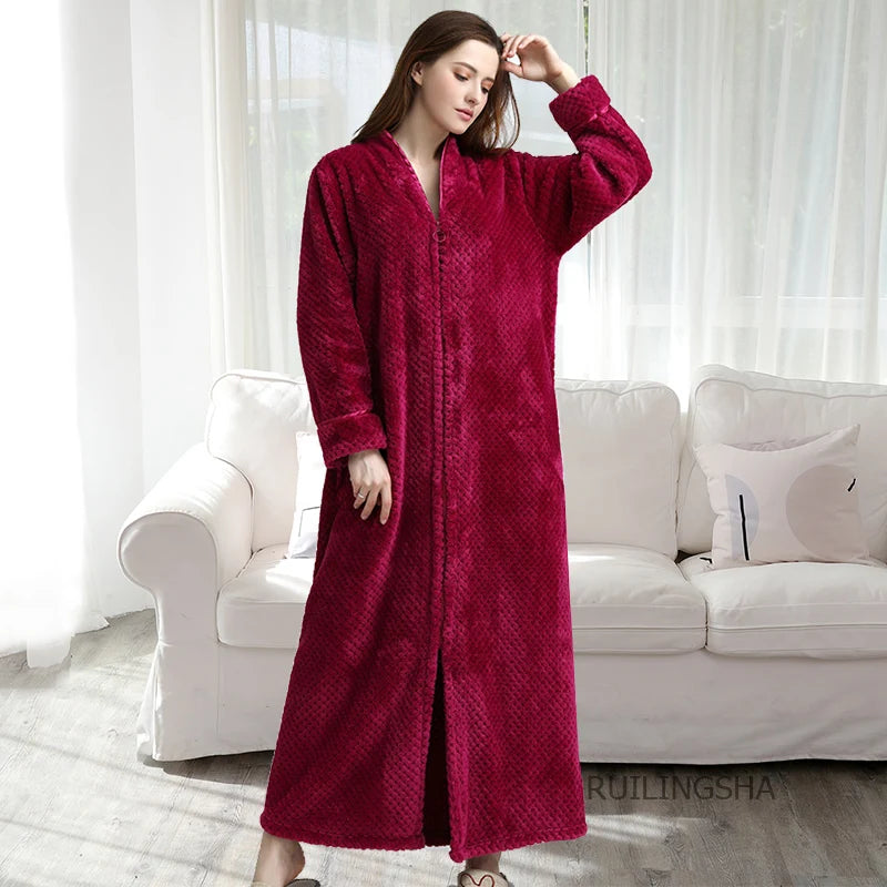 Women Winter Plus Size Long Warm Flannel Bathrobe Zipper Hooded Bath Robe Pregnant Coral Fleece Dressing Gown Men Sleepwear Spa
