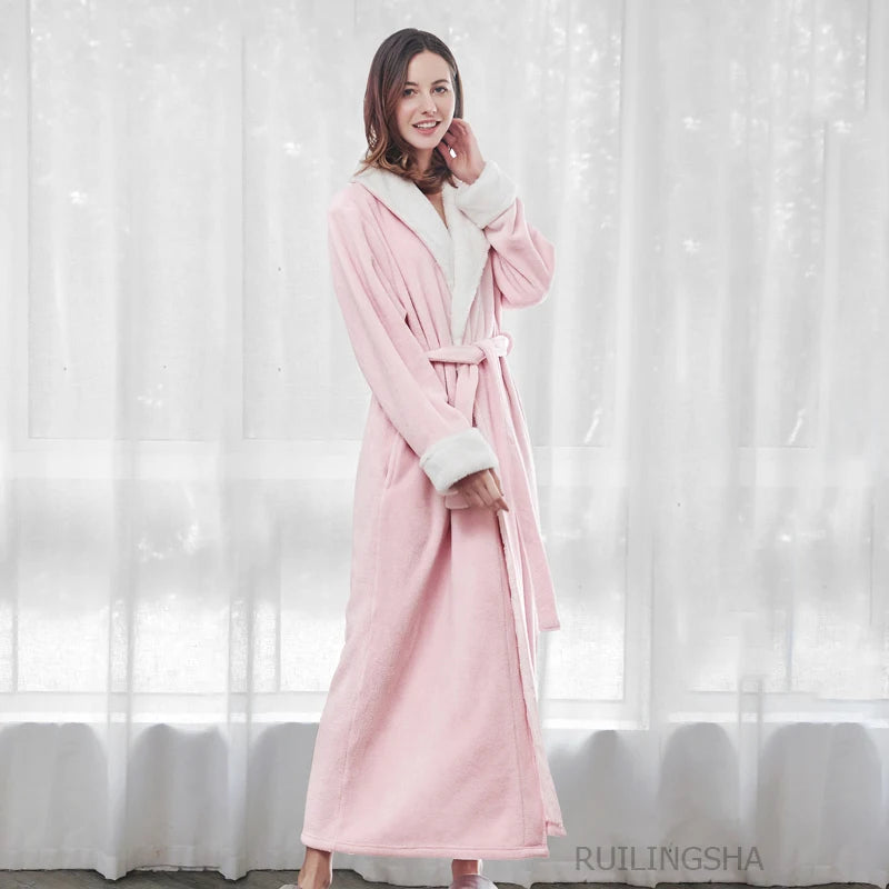 Night Dress Women Bathrobe Flannel Robe Women's Winter Lengthened Coralline Plush Shawl Bathrobe Long Sleeved Warm Bath Robe Men