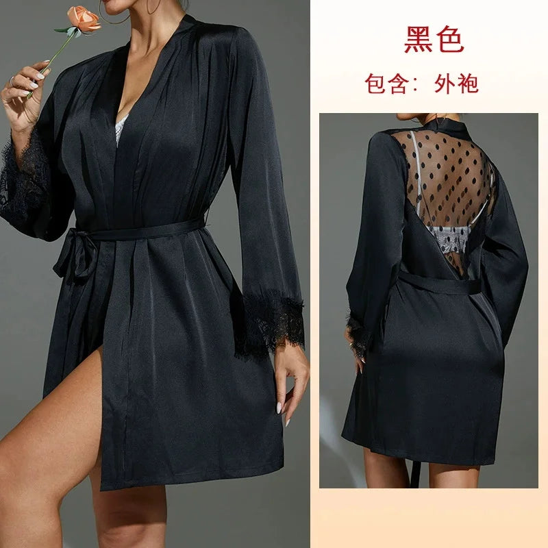 Women'S Robe Lace Gown Sexy Wedding Bathrobe Underwear Wear Ladies Mesh Nightwear Home Dress Loungewear